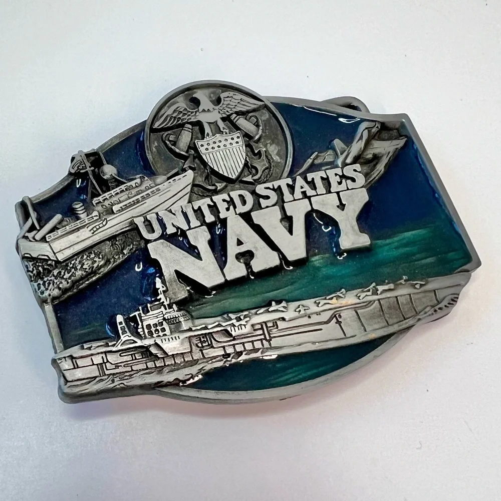 Vintage United States Navy Armed Forces Belt Buckle Metal Alloy Pewter Enamel